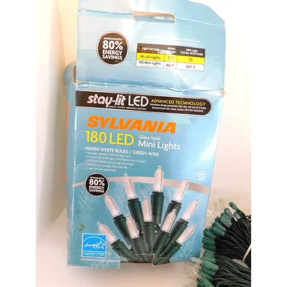 Sylvania Stay-Lit 180 LED Glass-Look Mini Lights Warm White & Green Wire
